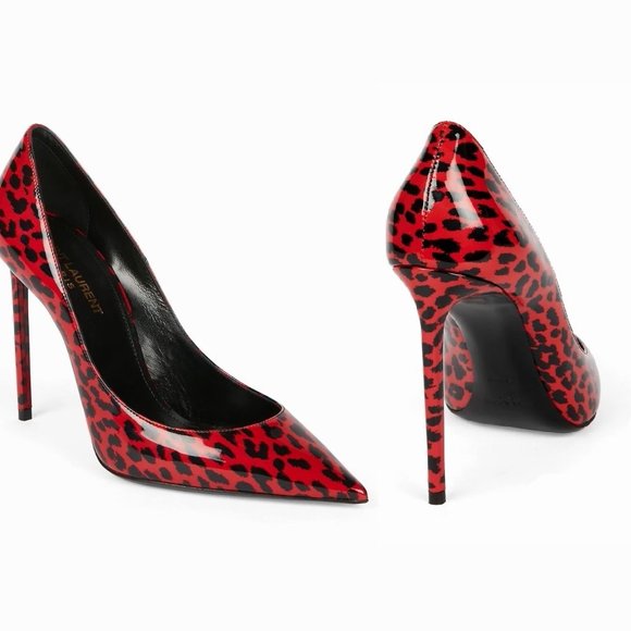 Saint Laurent ZOE 85MM Red Leopard Animal Print Patent Leather Pumps - Picture 11 of 12